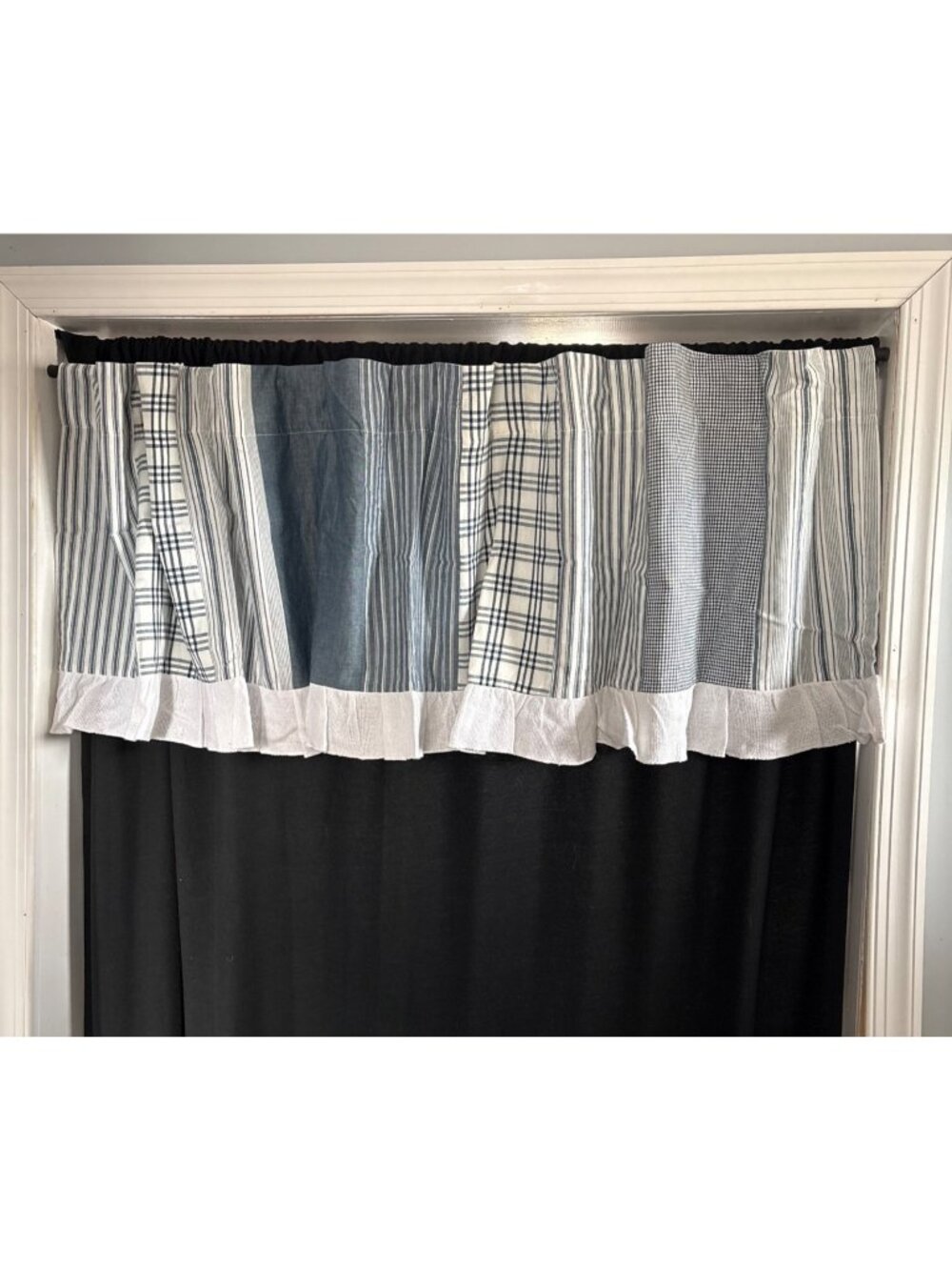 VHC Brands April & Olive Valance Patchwork Stripes/Checks Blue/White 72"x20"